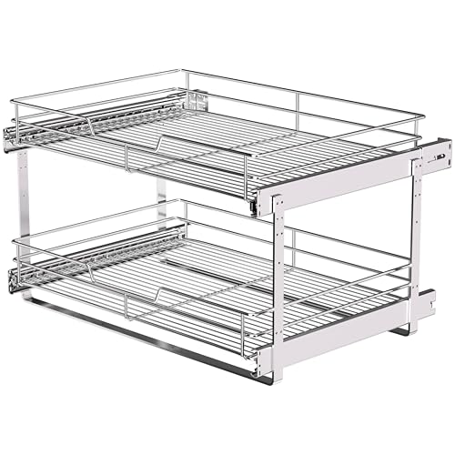 2-Tier Pull Out Cabinet Organizer, 23" W x 22" D, Chrome | Heavy-Gauge Wire Slide Out Shelves, 100 lbs Capacity, Ball-Bearing Glides, Min 24" Opening, For Heavy Appliances - size: 23 x 22 Inch