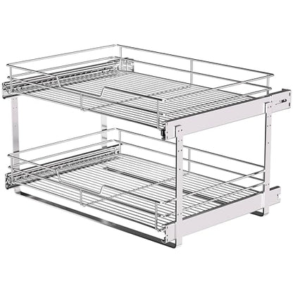 2-Tier Pull Out Cabinet Organizer, 23" W x 22" D, Chrome | Heavy-Gauge Wire Slide Out Shelves, 100 lbs Capacity, Ball-Bearing Glides, Min 24" Opening, For Heavy Appliances - size: 23 x 22 Inch