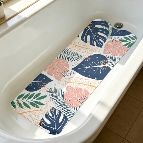 Green Leaf Bathtub Mat Non Slip with Drain Holes and Suction Cups Bath Mat 40x16 Inch Tub Mats Shower Mats for Kids - color: Green Leaf