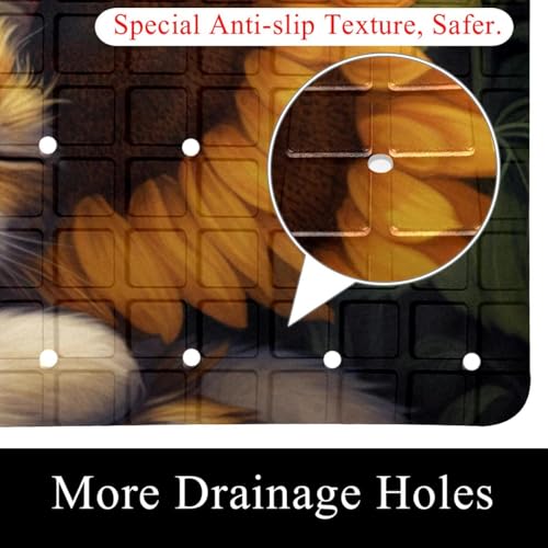 Bathtub Mat Non Slip 26.8x15.1 Inch, Cat Sunflower Shower Mat with Suction Cups and Drain Holes, Machine Washable Shower Mats for Inside Shower - color: Multi 1