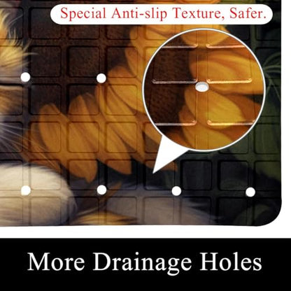Bathtub Mat Non Slip 26.8x15.1 Inch, Cat Sunflower Shower Mat with Suction Cups and Drain Holes, Machine Washable Shower Mats for Inside Shower - color: Multi 1