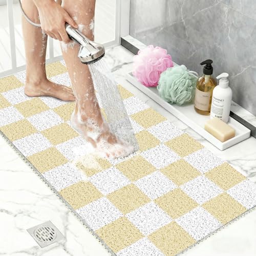 Non Slip Loofah Shower Mats 24"x16", PVC Loofah Bath Mat for Inside Shower, Quick Dry Soft Bath Mat for Bathroom Floor, Tub Pool Kitchen Entryway Home Hotel, Beige Checkered - color: Beige Checkered, size: 16" x 24" (Rectangular)
