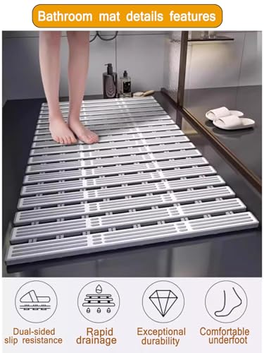 Bath Tub Shower Mat, 31 x 20 Inch, TPE Machine Washable Bathtub Floor Liner Bathroom Non-Slip Mats, Suction Cups and Drain Holes, Easy to Cut