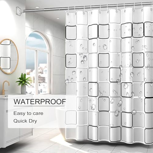 TIKABC Shower Curtain Liner, 4G PEVA Shower Liner, Plastic Waterproof Shower Curtains, with Grommet Holes and 3 Magnetic Weights(Black White Big Square) - color: Black White Large Squre