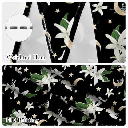Celestial Floral Shower Curtain 71x74 Inch, Black Boho Moon and Stars Printed Bathroom Shower Curtain with Rust-Proof Hooks, Dark Gothic Style Waterproof Fabric Bath Tub Curtain - color: Floral-q