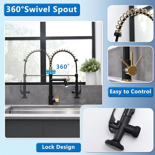 Fapully LED Kitchen Faucet with Pull Down Sprayer,Black&Gold | Commercial Kitchen Faucet for Kitchen Sink - color: Black&Gold, style: Modern