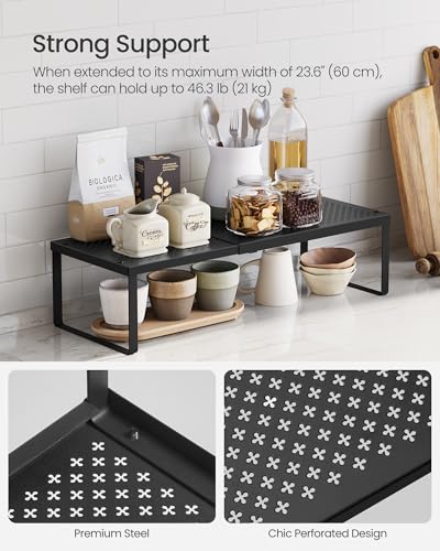 SONGMICS Spice Racks Expandable Kitchen Countertop Shelves, Metal | Set of 2 small cupboard organizers, space-saving tabletop shelves, Matte Black, UKCS402B01 - color: Matte Black, size: Set of 2