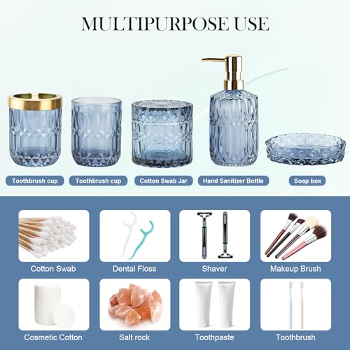 Bathroom Accessory Set 5 Pcs, Glass Bathroom Set Include Soap Dish, Toothbrush Holder, Mousewash Cup, Soap Dispenser, Cotton Swab Jar, Blue - color: Blue, style: 5 Pack