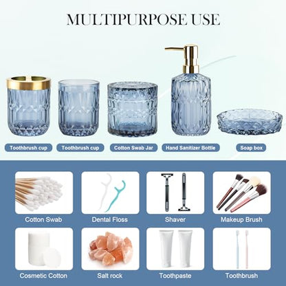 Bathroom Accessory Set 5 Pcs, Glass Bathroom Set Include Soap Dish, Toothbrush Holder, Mousewash Cup, Soap Dispenser, Cotton Swab Jar, Blue - color: Blue, style: 5 Pack