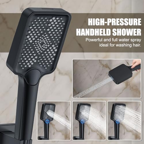 Rain Shower System 12IN Modern Brass Faucet Set With Valve and Diverter Shower Mixer With Handheld High Pressure Square Rainfall Shower Valve (12'' Ceiling Mount, Matte Black) - color: Matte Black, style: 12'' Ceiling Mount