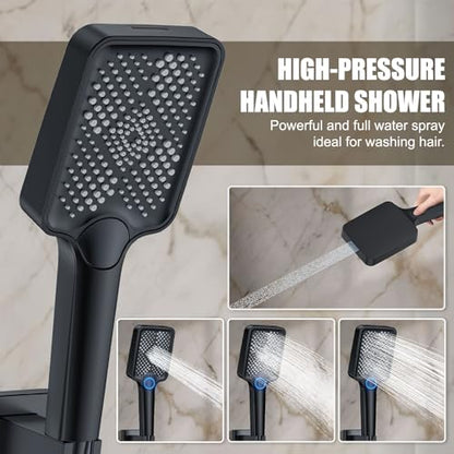 Rain Shower System 12IN Modern Brass Faucet Set With Valve and Diverter Shower Mixer With Handheld High Pressure Square Rainfall Shower Valve (12'' Ceiling Mount, Matte Black) - color: Matte Black, style: 12'' Ceiling Mount