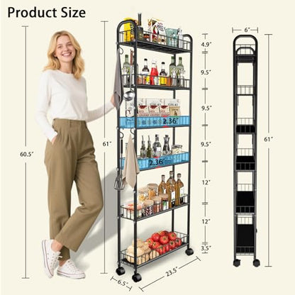 Slim Storage Cart with Wheels, Metal 6-Tier 6in Black Narrow Rolling Shelf, Sturdy Slim Storage with Hooks Ideal for Kitchen, Bathroom, and Laundry Room - size: 6in 6-Tier Cart