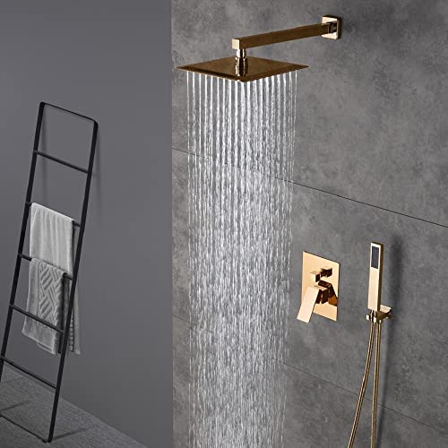 Cascada 12” Square Shower System (Wall Mounted) with Single Handle & square knob, 2 Functions (Rainfall & Handheld) (Rose Gold) - color: Rose Gold