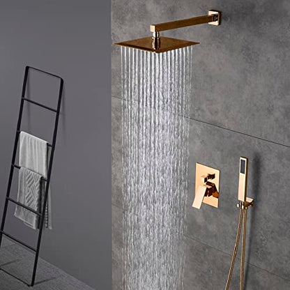 Cascada 12” Square Shower System (Wall Mounted) with Single Handle & square knob, 2 Functions (Rainfall & Handheld) (Rose Gold) - color: Rose Gold