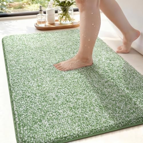 ISEAU Bathroom Rug 24x36,Super Absorbent Microfiber Bath Mat,Green/White | Non-Slip Shower Rug with TPR Backing, Thick Plush Machine Washable Bathtub Carpet for Bathrooms Decor - color: Green/White, size: 24" X 36"