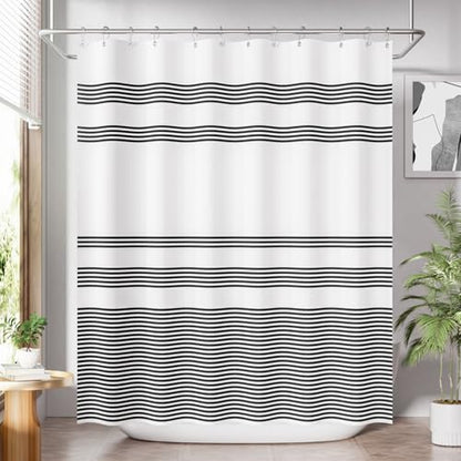 AmazerBath Long Shower Curtain, 72x78 Striped Black Fabric Shower Curtain Set with 12 Shower Curtain Hooks, Rustic Cloth Black and White Shower Curtain, Farmhouse Bathroom Shower Curtain Sets - color: A- Black Stripe +12 Metal Hooks, size: 72"W x 78"L (Pa