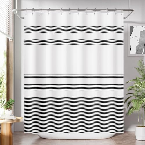 AmazerBath Long Shower Curtain, 72x78 Striped Black Fabric Shower Curtain Set with 12 Shower Curtain Hooks, Rustic Cloth Black and White Shower Curtain, Farmhouse Bathroom Shower Curtain Sets - color: A- Black Stripe +12 Metal Hooks, size: 72"W x 78"L (Pa