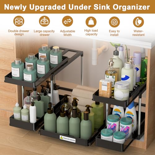 NIUXX Expandable Under Sink Organizer: 2 Tier Under Cabinet Organizer - Double Pull Out Shelf Under Sink Storage for Kitchen - Bathroom and Laundry Room - Space Saving - size: 27.9"L x 15.51"W-Fixed height