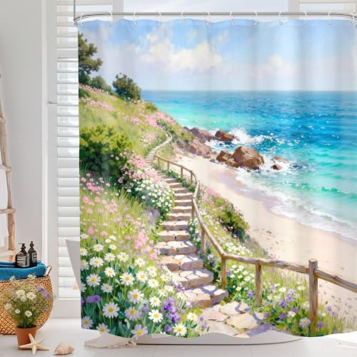 Ocean Beach Floral Hawaii Summer Wildflowers Bathroom Shower Curtain Set | Blue Sea look; 60"W x 72"L. waterproof HD print, quick-dry fabric and free hooks for easy setup. - color: A-blue Green, size: 60"W x 72"L (Pack of 1)