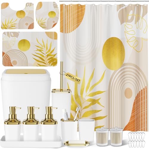 Bathroom Set - 27PC Bathroom Sets with Shower Curtain and Rugs, White Bathroom Set, Bathroom Accessory Set, Trash Can, Toilet Brush & 3 PC Soap Dispensers - color: White, size: Bath Set+Boho Shower Curtain+Bath Rugs