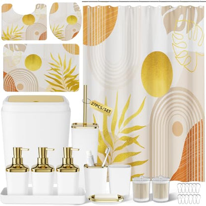 Bathroom Set - 27PC Bathroom Sets with Shower Curtain and Rugs, White Bathroom Set, Bathroom Accessory Set, Trash Can, Toilet Brush & 3 PC Soap Dispensers - color: White, size: Bath Set+Boho Shower Curtain+Bath Rugs