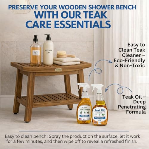 EcoDecors Harmony Gold 18" Teak Shower Bench, Fully Assembled, 300 lb | Comfortable shower bench supports adults and seniors with sturdy construction, reliable stability, and timeless teak style