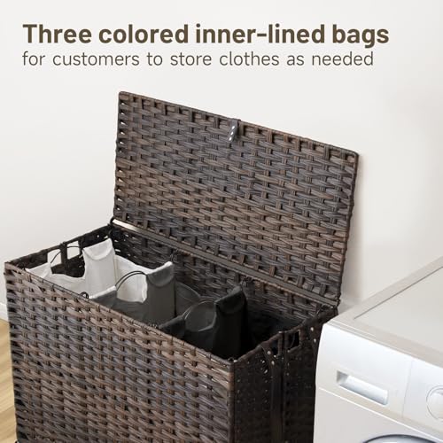 Laundry Hamper with Wheels, 60.72 Gallon(230L) Rolling Laundry Basket with Lid, Removable Large 3 Color Liners & 3 Mesh Laundry Bags, Clothes Hamper with Side Pocket, Brown - color: Brown, size: 35.43"L x 15.75"W x 25.6"H