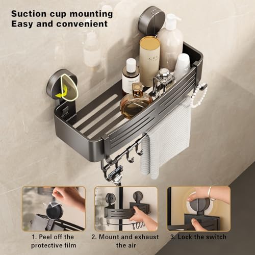 Corner Shower Caddy Suction Cup Shower Shelf Corner No Drilling Bathroom Shower Organizer Storage Rack Adhesive with Towel Bar Hooks(2-Pack, Gray)