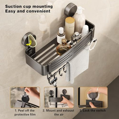 Corner Shower Caddy Suction Cup Shower Shelf Corner No Drilling Bathroom Shower Organizer Storage Rack Adhesive with Towel Bar Hooks(2-Pack, Gray)