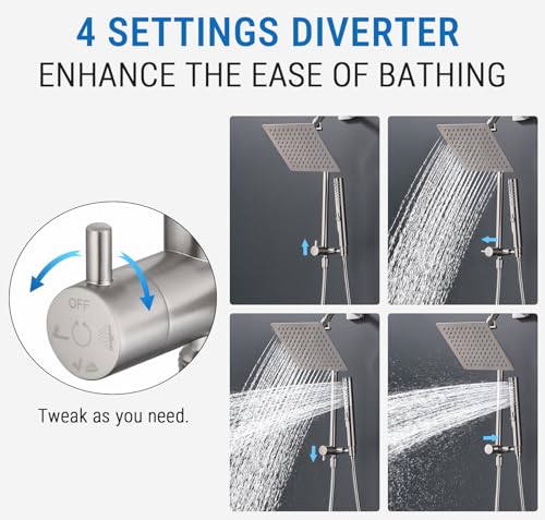 G-Promise All Metal Shower Diverter with 13.5 Inch Extended Holder(Nickel) | Downward-Extending Bracket for All Heights, 4 Spray Modes with Pause Mode, Anti-Leak, Easy to Install, Universal Replacement - color: Brushed Nickel