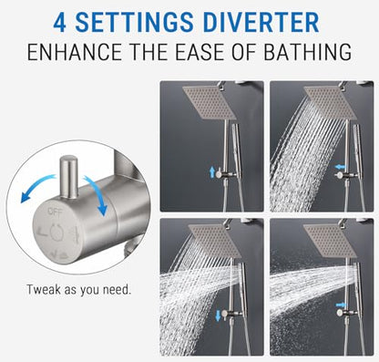 G-Promise All Metal Shower Diverter with 13.5 Inch Extended Holder(Nickel) | Downward-Extending Bracket for All Heights, 4 Spray Modes with Pause Mode, Anti-Leak, Easy to Install, Universal Replacement - color: Brushed Nickel