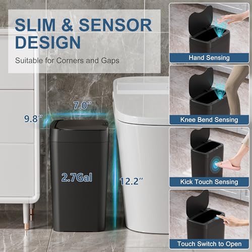 Vanpopubs 2 Pack 2.7 Gal Bathroom Trash Can with Lid, Automatic Trash Can Small Smart Garbage Can Touchless, Slim Motion Sensor Waterproof Plastic Trash Bins for Bedroom Office Kitchen Toilet Black - color: Black