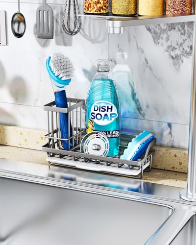 Consumest Sponge Holder for Kitchen Sink, Sink Caddy Organizer with Removable Drip Tray, Countertop Dish Soap Holder and Brush Holder, 304 Stainless Steel - Sand Nickel - color: Sand Nickel
