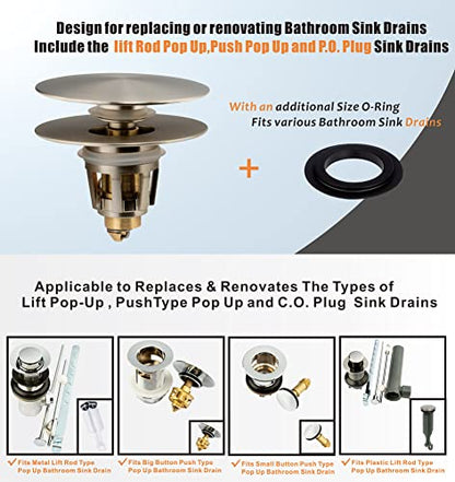 Universal Bathroom Sink Drain Stopper, Fits Most Pop-Up Drains for Vessel Sink Lavatory Vanity, Sink Drain Strainer with Detachable Hair Catcher, Tested by Plumber in US (Brushed Nickel) - color: Brushed Nickel