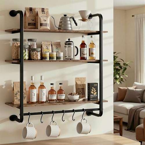 3 Tier Industrial Pipe Floating Shelf, 24" Kitchen Wall Shelves | with Towel Bar & 6 Hooks, Coffee Bar Shelves Display Bookshelf Wall Shelf for Kitchen, Bathroom, Home Décor, Rustic Brown - size: 24 Inch（3 Tier）