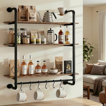 3 Tier Industrial Pipe Floating Shelf, 24" Kitchen Wall Shelves | with Towel Bar & 6 Hooks, Coffee Bar Shelves Display Bookshelf Wall Shelf for Kitchen, Bathroom, Home Décor, Rustic Brown - size: 24 Inch（3 Tier）