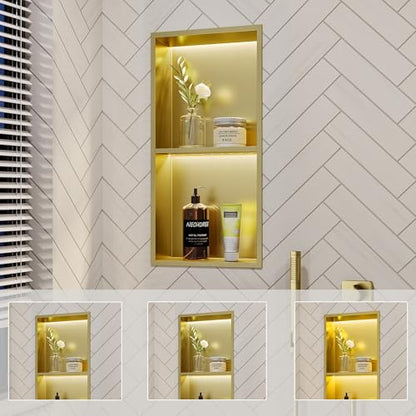 Gold 2-Tier 3 CCT LED Niche, 12"x24" No-Tile Shower Storage | shower niche with 3-Temperature LED Strip Light (4000K/6000K/3000K),Waterproof, Sturdy&Durable,304 Stainless Steel Wall Niche - color: Gold, size: 12X24In