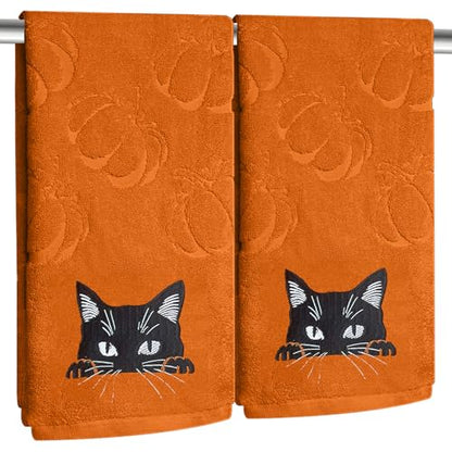 2 Pack Fall Hand Towel Jacquard Embroidered Cotton Kitchen Towels Farmhours Thankful Bath Towels Set Thanksgiving Bathroom Decor (Yellow Cat, 2*Hand Towel) - color: Yellow Cat