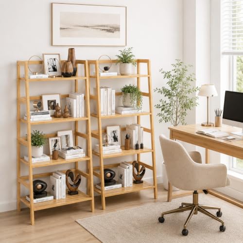 Bamboo Ladder Shelf, 4-Tier Wooden Ladder Bookshelf & Bookcase Organizer | 50” Freestanding Open Display Storage Shelves, Wood Plant Stand Rack for Small Space, Bathroom, Living Room, Bedroom - color: Natural