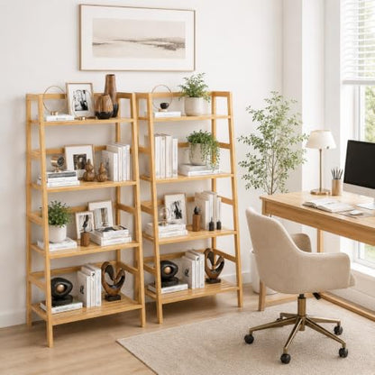 Bamboo Ladder Shelf, 4-Tier Wooden Ladder Bookshelf & Bookcase Organizer | 50” Freestanding Open Display Storage Shelves, Wood Plant Stand Rack for Small Space, Bathroom, Living Room, Bedroom - color: Natural