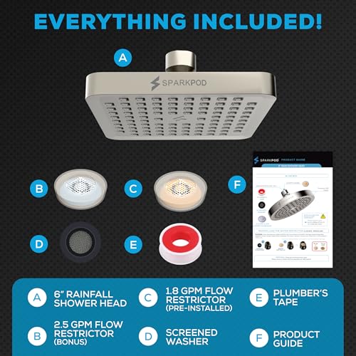 SparkPod Rain Shower Head, 8 Inch Square, Elegant Brushed Nickel Finish | High Pressure Shower Heads, 90 Nozzles, Adjustable Showerhead, No Tools Needed, Universal Connection - color: Elegant Brushed Nickel, style: 8 Inch Square