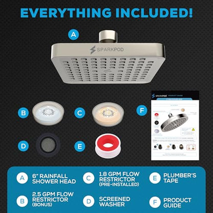 SparkPod Rain Shower Head, 6 Inch Square, Elegant Brushed Nickel Finish | High Pressure Shower Heads, 90 Nozzles, Adjustable Showerhead, No Tools Needed, Universal Connection - color: Elegant Brushed Nickel, style: 6 Inch Square