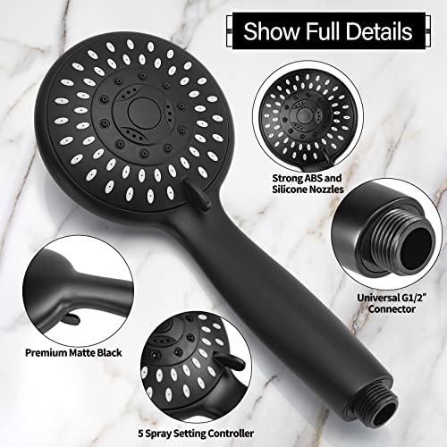 Handheld Shower Head High Pressure 5-Settings with Hose, Matte Black | Powerful Water Spray, Against Low Pressure Water Flow, 59 Inch Stainless Hose, Adjustable Mount - color: Black