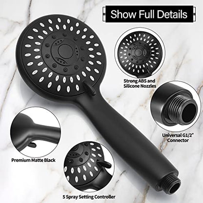 Handheld Shower Head High Pressure 5-Settings with Hose, Matte Black | Powerful Water Spray, Against Low Pressure Water Flow, 59 Inch Stainless Hose, Adjustable Mount - color: Black