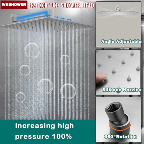Temperature Display Rain Mixer Shower Faucet Set with 6 Body Jets 12 inch Square Rainfall Shower Head with Handheld Spray Wall Mounted Rough-in Valve and Trim Included,Brushed Nickel - color: Brushed Nickel