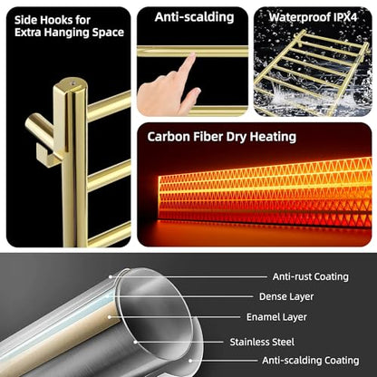 P&Dlusir EL13 Heated Towel Rack, Polished Gold, 8 Bar | Fast Heat in 2 Min, Smart Timer, Thermo Control, Memory Functoion, Stainless Steel, Hard-Wired/Plug-in - color: Polished Gold, size: 21.65"W x 31.54"H