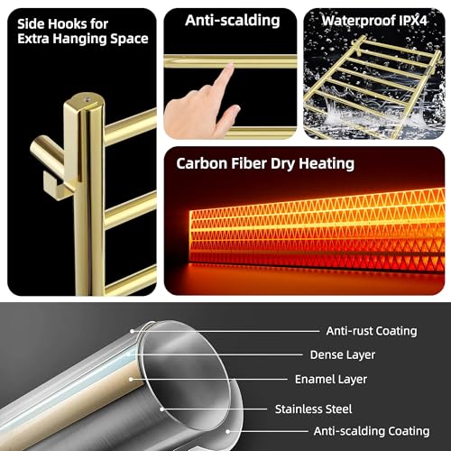 P&Dlusir EL13 Heated Towel Rack, Polished Gold, 8 Bar | Fast Heat in 2 Min, Smart Timer, Thermo Control, Memory Functoion, Stainless Steel, Hard-Wired/Plug-in - color: Polished Gold, size: 21.65"W x 31.54"H