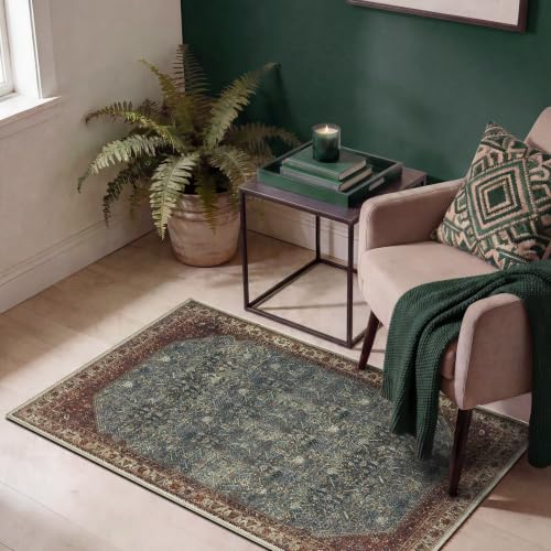 Keen Home Design Vintage Washable Entryway Rug, Non-Slip Low Pile, 2x3 | Machine washable cotton chenille, 0.25in low pile, rubber non-slip back; kitchen, entryway, bathroom, bedside - color: Green / Brown, size: 2' x 3' (Rectangular)