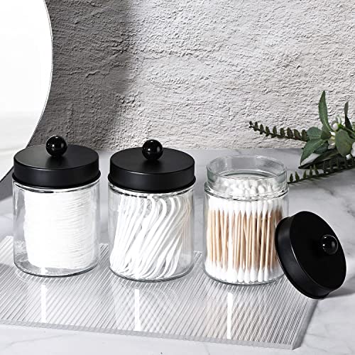 3 Pack Apothecary Jar Canisters Bathroom Vanity Organizer - Qtip Holder Storage Organizer Set Countertop Canister with Stainless Steel Lids &Cute Stickers for Qtips,Cotton Swabs,Makeup Sponges,Floss | Qtip Holder Storage Organizer Set Countertop Canister