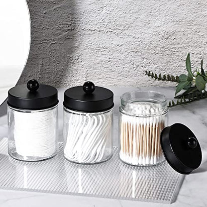 3 Pack Apothecary Jar Canisters Bathroom Vanity Organizer - Qtip Holder Storage Organizer Set Countertop Canister with Stainless Steel Lids &Cute Stickers for Qtips,Cotton Swabs,Makeup Sponges,Floss | Qtip Holder Storage Organizer Set Countertop Canister